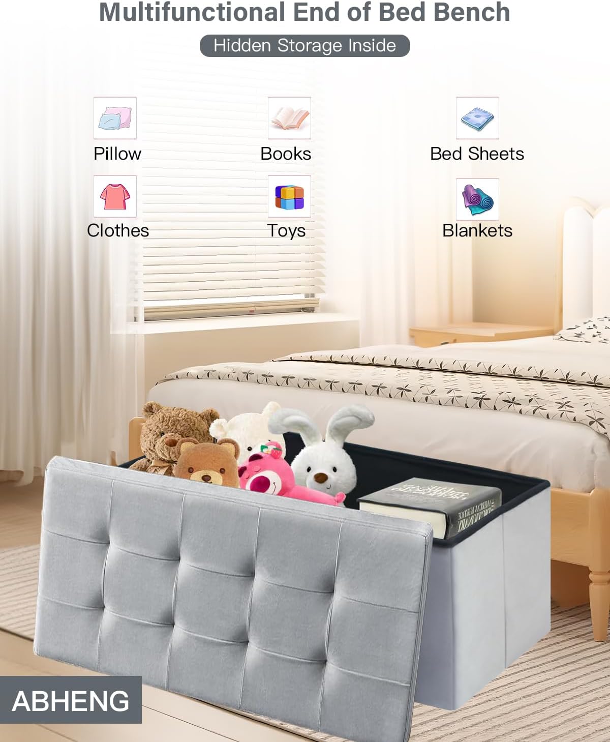 Folding Storage Ottoman, Velvet Storage Bench, Footrest, Removable Divider, for Living Room