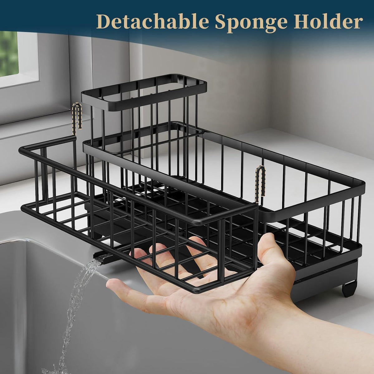 Consuemst Sponge Holder for Kitchen Sink - Auto Draining Sink Caddy Organizer with Detachable Rack