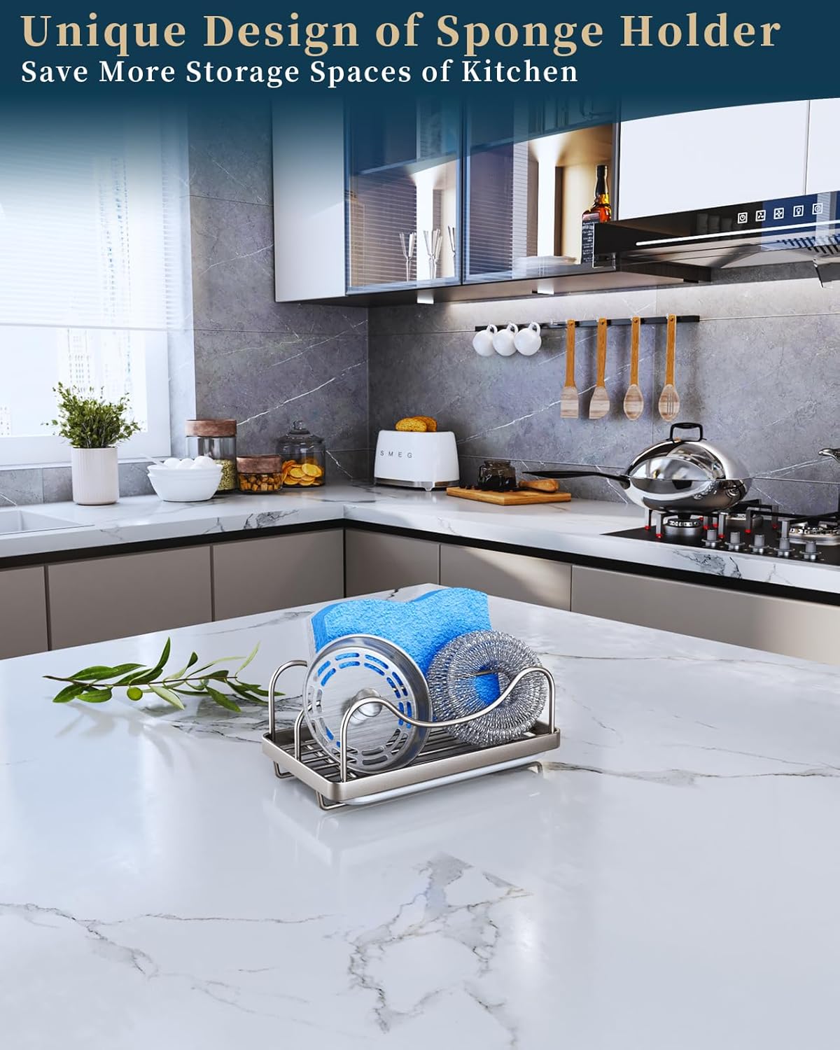 Consumest Sponge Holder for Kitchen Sink - Movable Sink Caddy for Countertop Organizer, 304