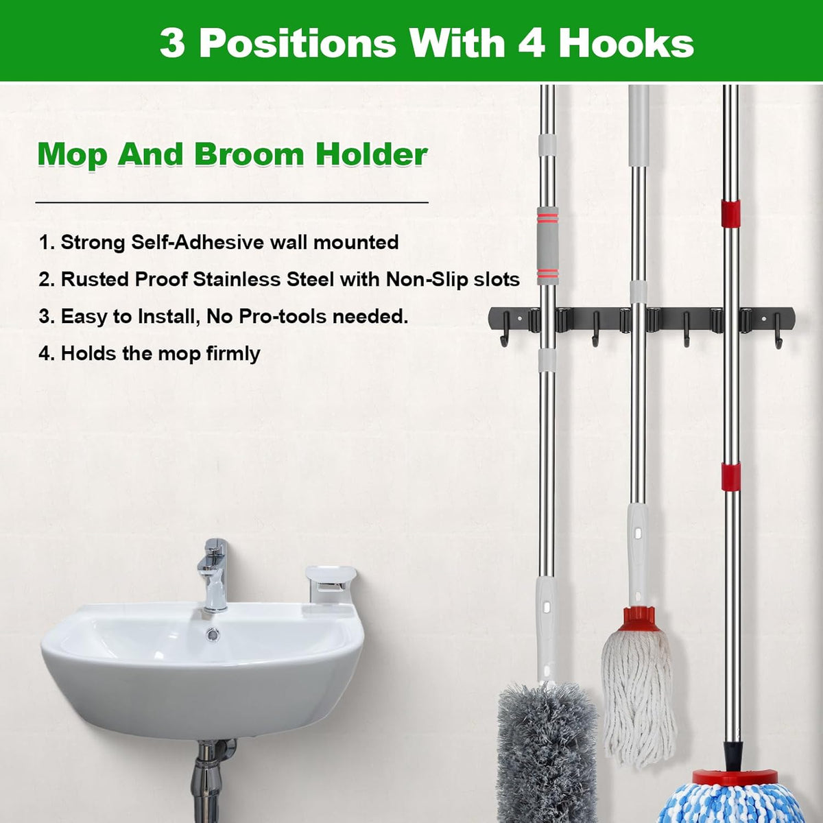 voze 3 Racks and 4 Hooks Mop and Broom Holder Wall Mount, Self Adhesive Heavy Duty Broom Organizer