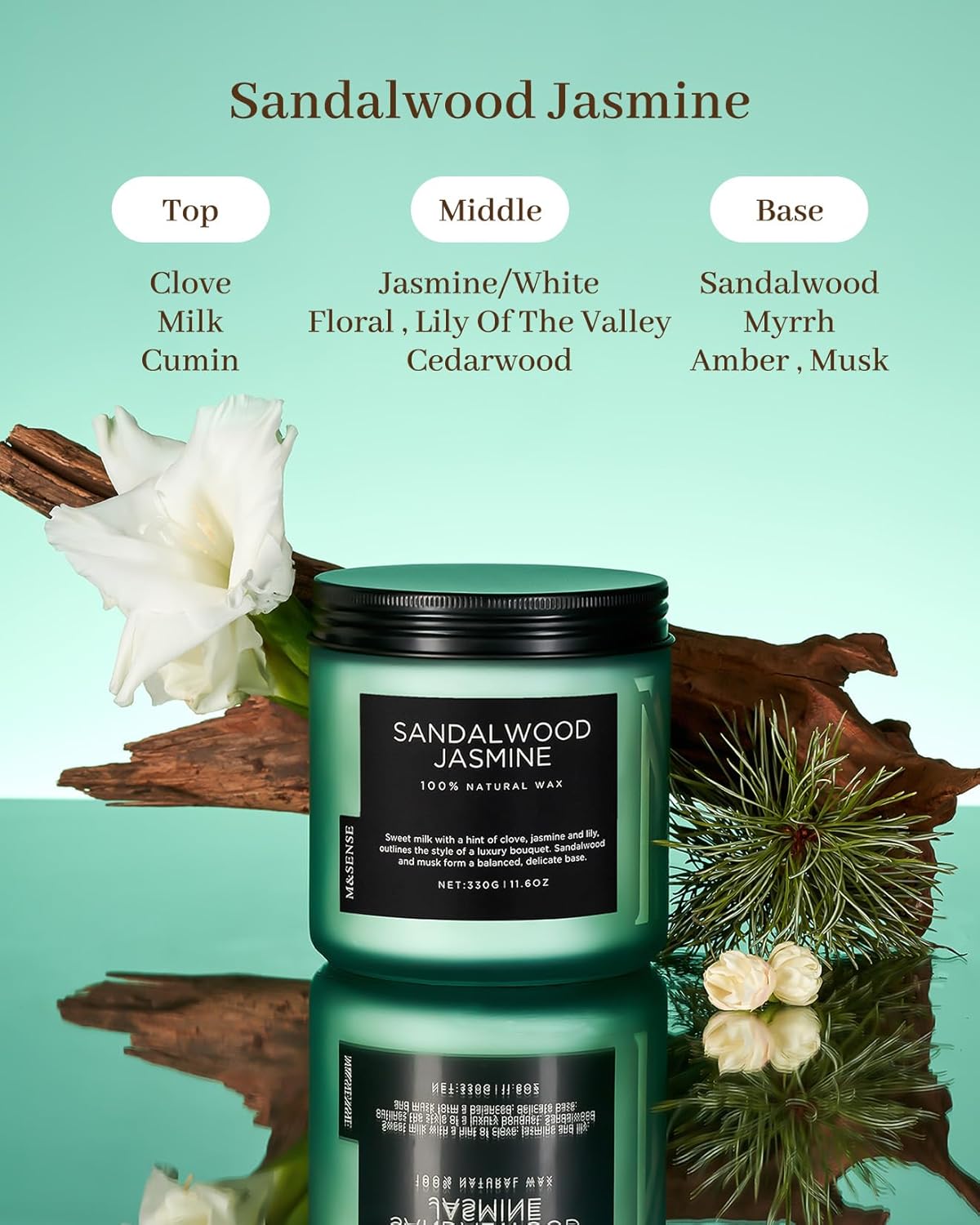 M&SENSE Sandalwood Jasmine Scented Candle, 11.6oz 70 Hours Burn Time Clean Non Toxic Natural Soy