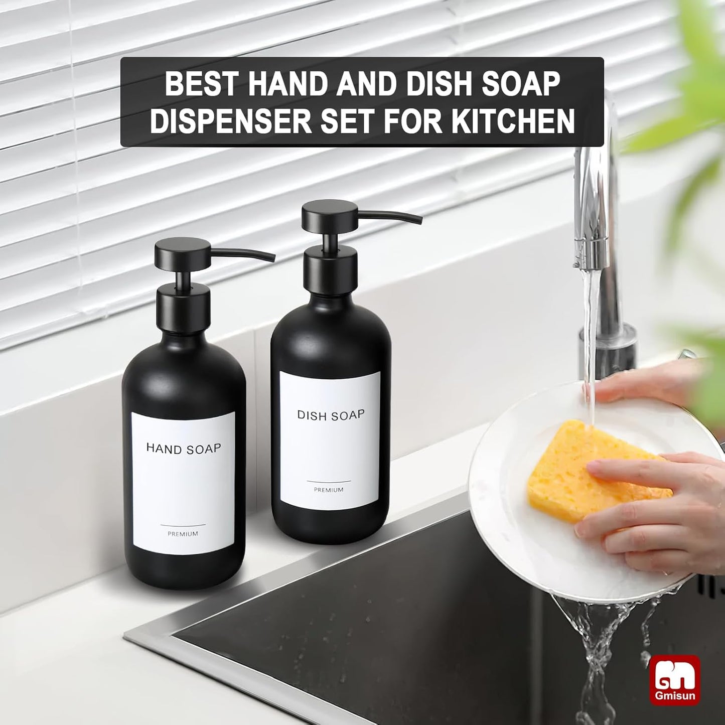 GMISUN Black Soap Dispenser, 2 Pack Matte Black Hand Soap Dispensers for Bathroom, 17 Fl Oz Glass