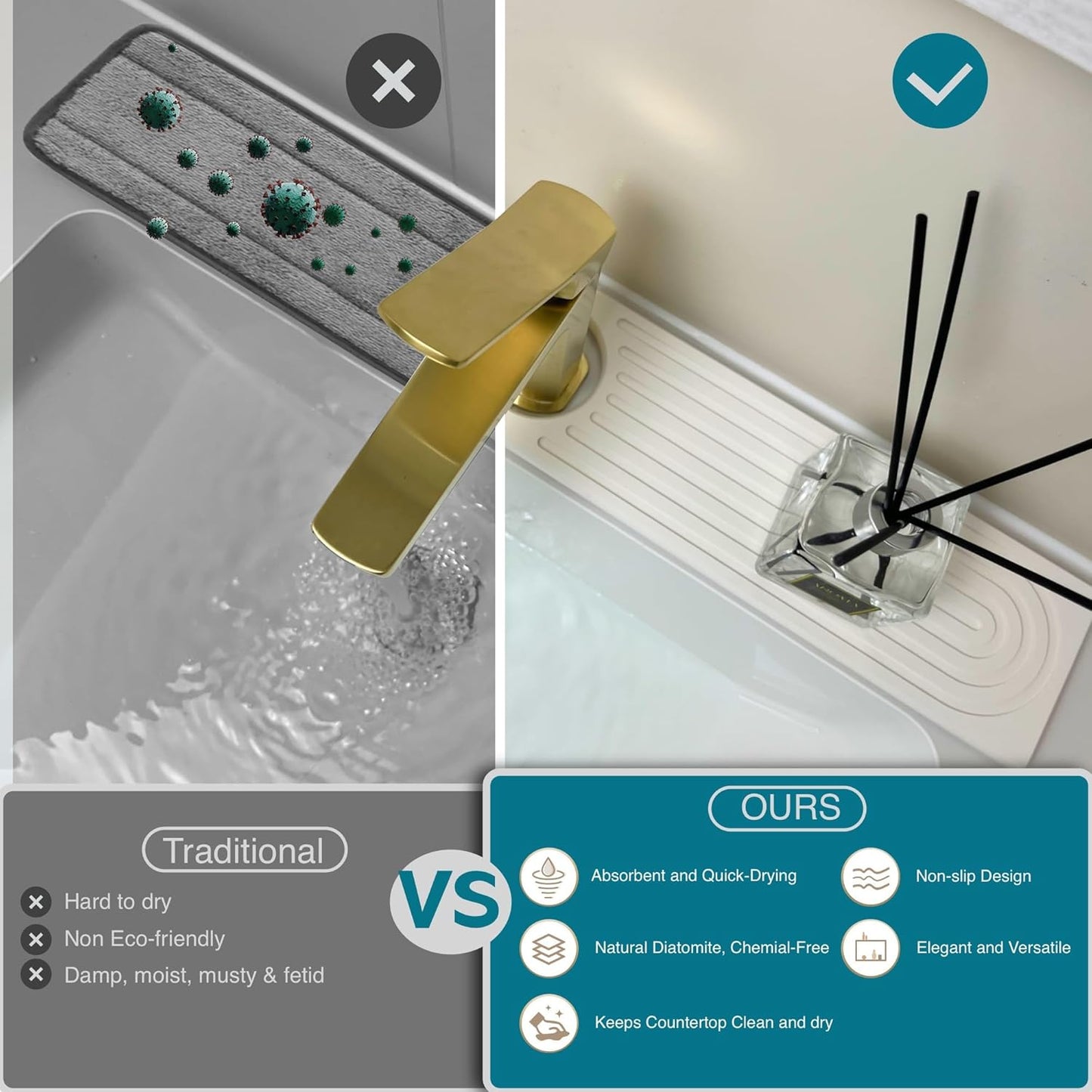 Faucet Mat for Kitchen Sink, Stone Drying Mat for Kitchen Counter, Stone Mat Bathroom, Kitchen Mat