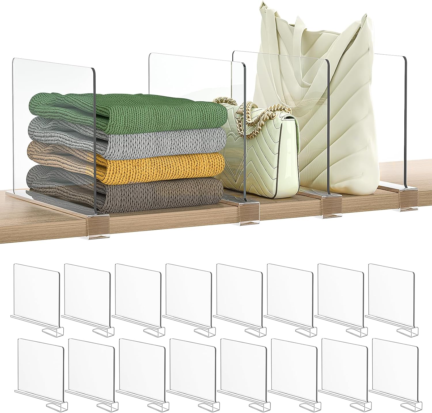 Shelf Dividers Purse Organizer for Closet: 16-Pack Acrylic Bag Storage Organizer for Handbags