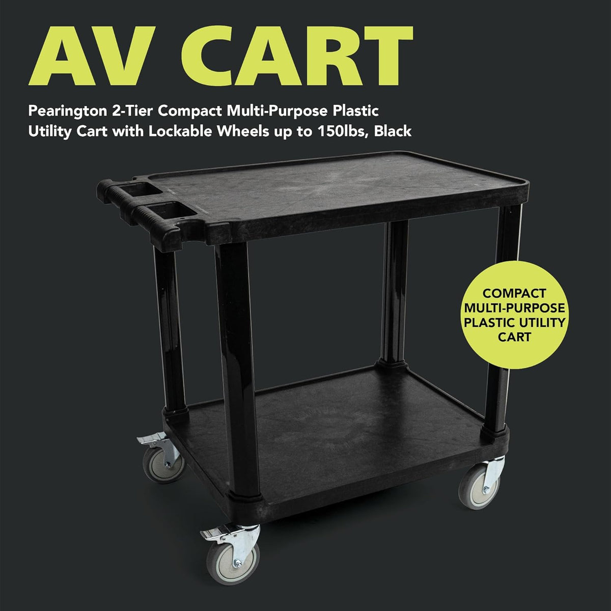 Pearington 2-Tier Compact Multi-Purpose Plastic Utility Cart with Lockable Wheels up to 150lbs