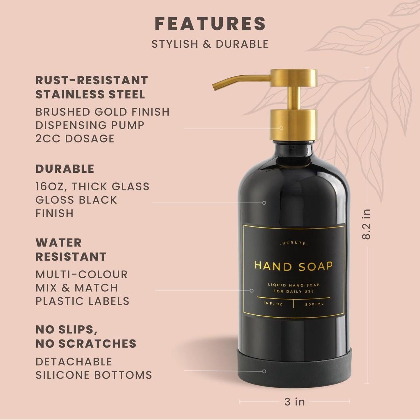 16oz Glass Soap Dispenser with Stainless Steel Pump, 21 Waterproof Labels, Non-Slip Protective