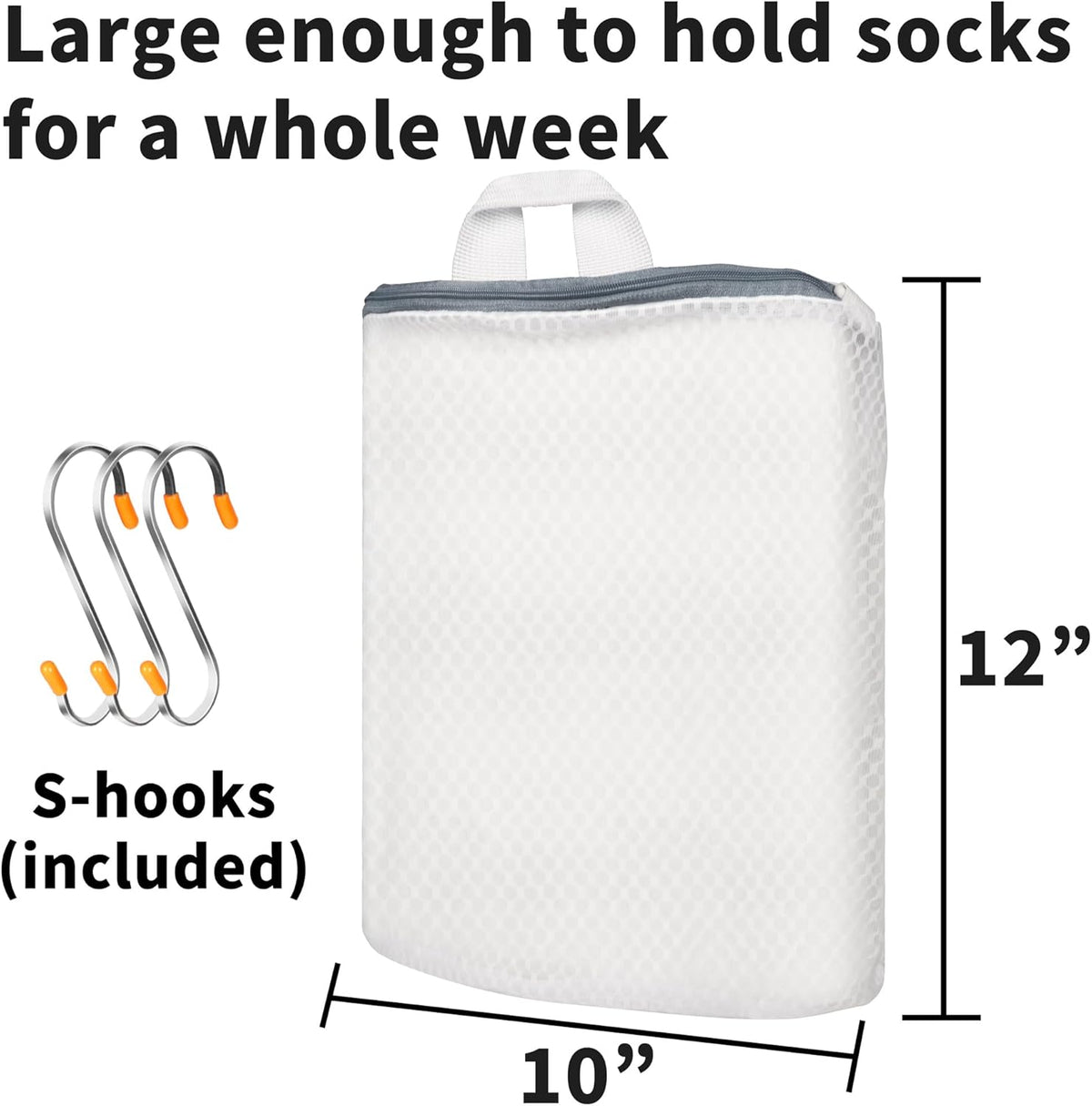 3Pcs Hanging Laundry Bags for Socks with S Hooks, 12 X 10 inch 3 Color Mesh Laundry Bags for