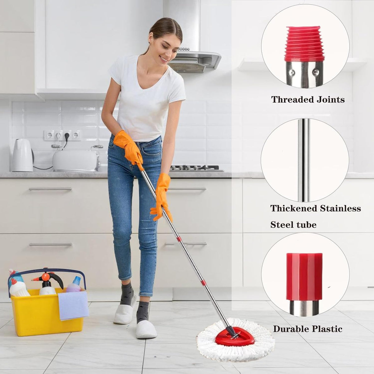 Spin Mop Replacement Handle, 4-Section 30-to-58 inch Mop Replacement Stick Compatible with Ocedar