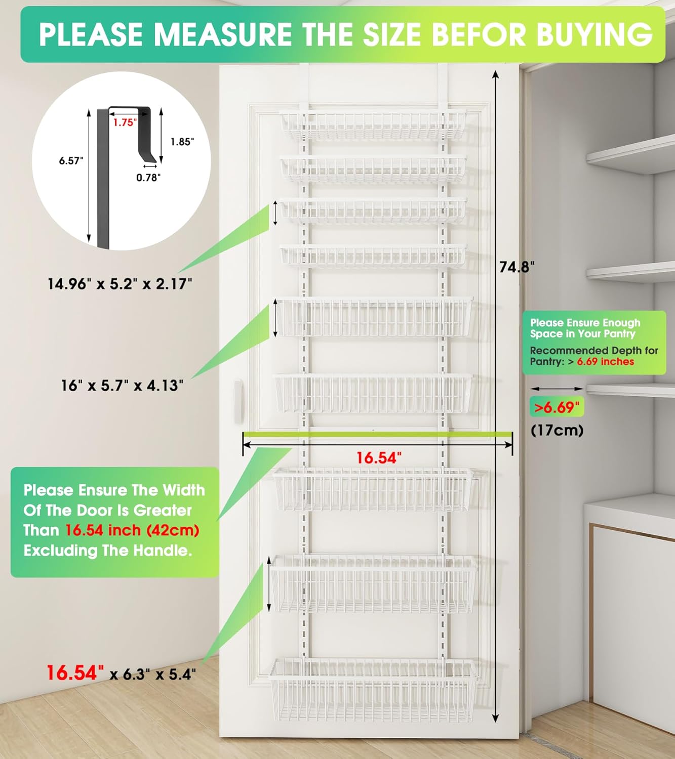 White 9-Tier Over The Door Pantry Organizer, Pantry Organization and Storage, Deep Baskets Hanging