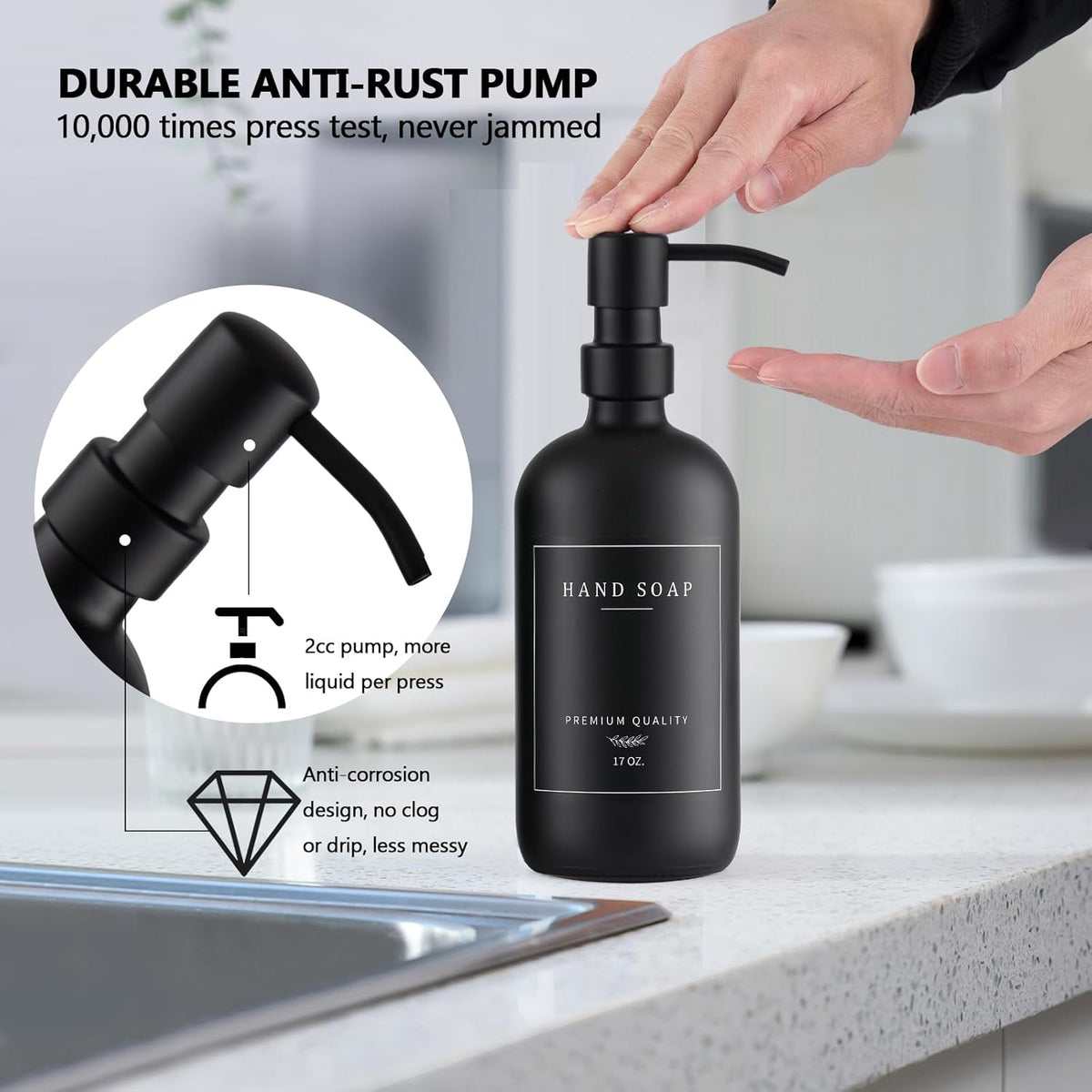 Black Thick Glass Soap Dispenser - Farmhouse Kitchen Dish &Hand Soap Dispenser Set, 304 Rustproof