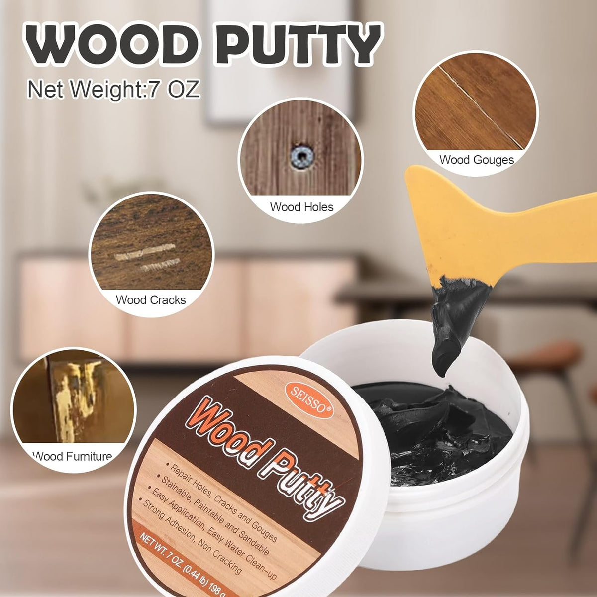 SEISSO Wood Putty, Black Wood Filler Paintable, Wood Putty Outdoor Waterproof, Wood Repair Putty