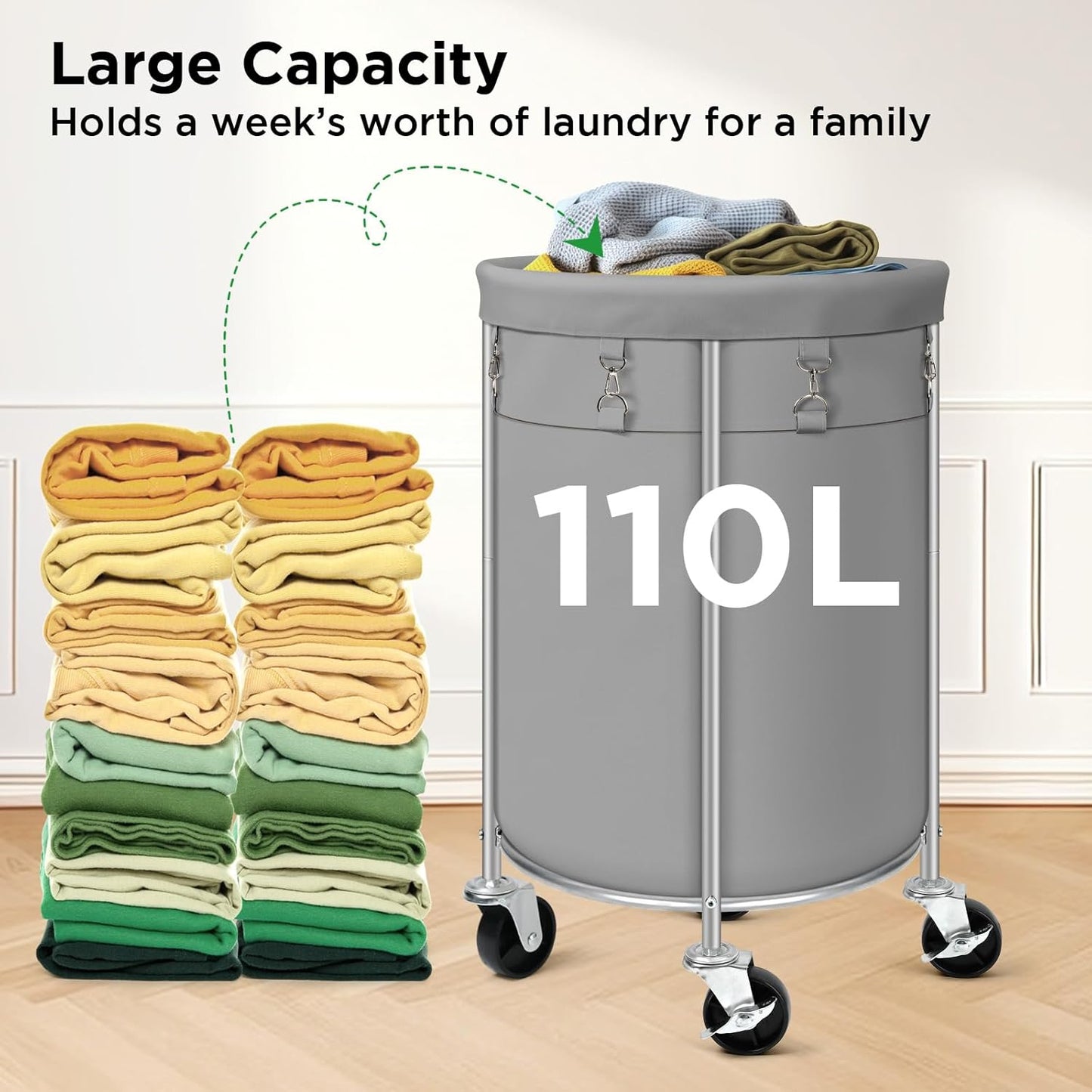 Laundry Hamper with Wheels, 100L Round Rolling Laundry Basket Sorter with Removable Bag, Clothes