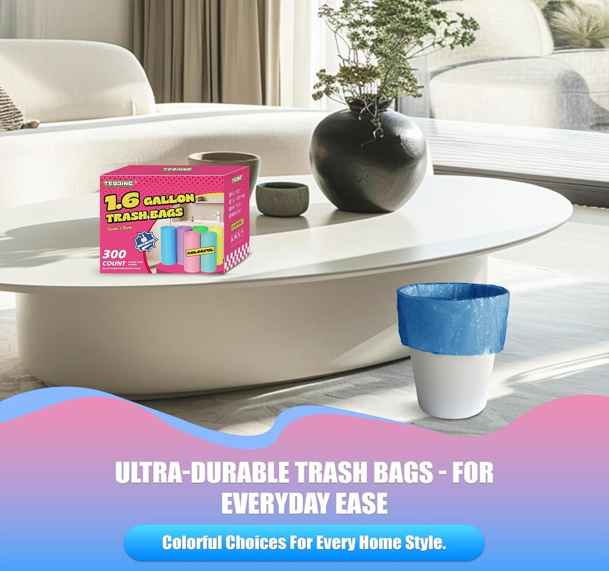 300 Count 1.6 Gallon Mini Trash Bags - 6 Liter Colored Small Garbage Bags Unscented Mini Can Liners