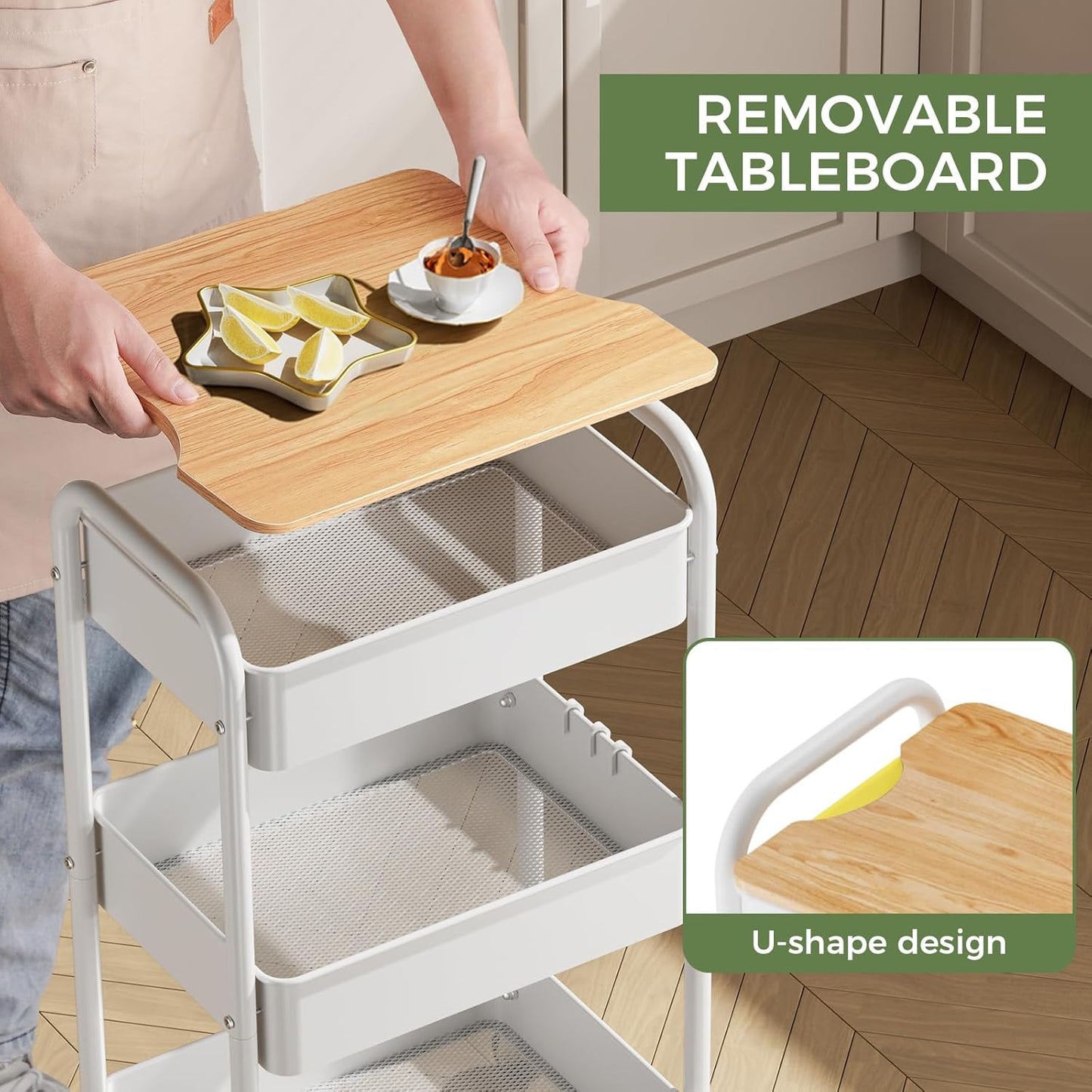 3 Tier Rolling Cart with Table top, Metal Rolling Utility Cart on Wheels, Sturdy Storage Organizer