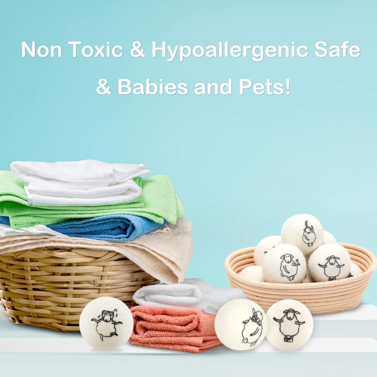 Wool Dryer Balls, 8PCS Dryer Balls with Happy Sheep - Natural & Organic, 100% New Zealand Wool