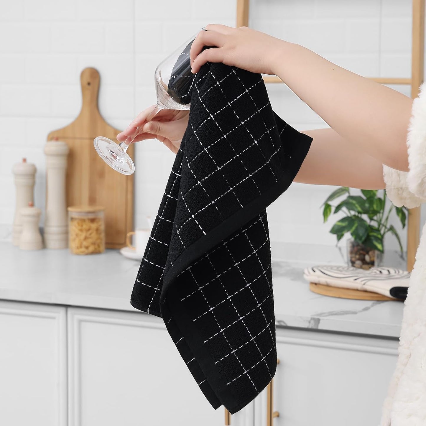 Homaxy 100% Cotton Terry Kitchen Towels(Black, 20 x 28 inches), Checkered Designed, Soft and Super