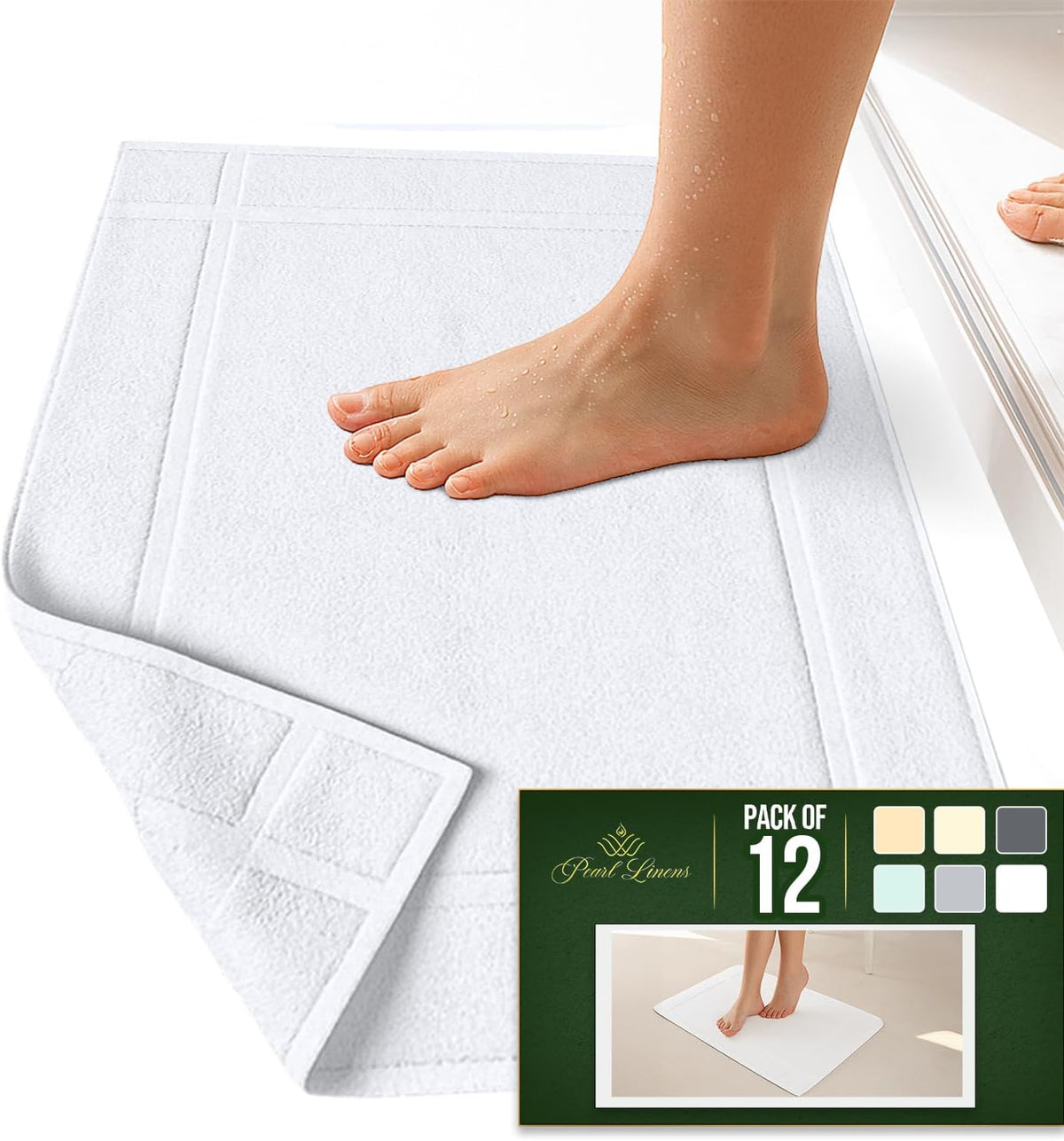 Pearl Linens Pack of 12 100% Cotton Bath Mat 20x30 inches, Soft & Absorbent Quick Dry Bathroom Mat
