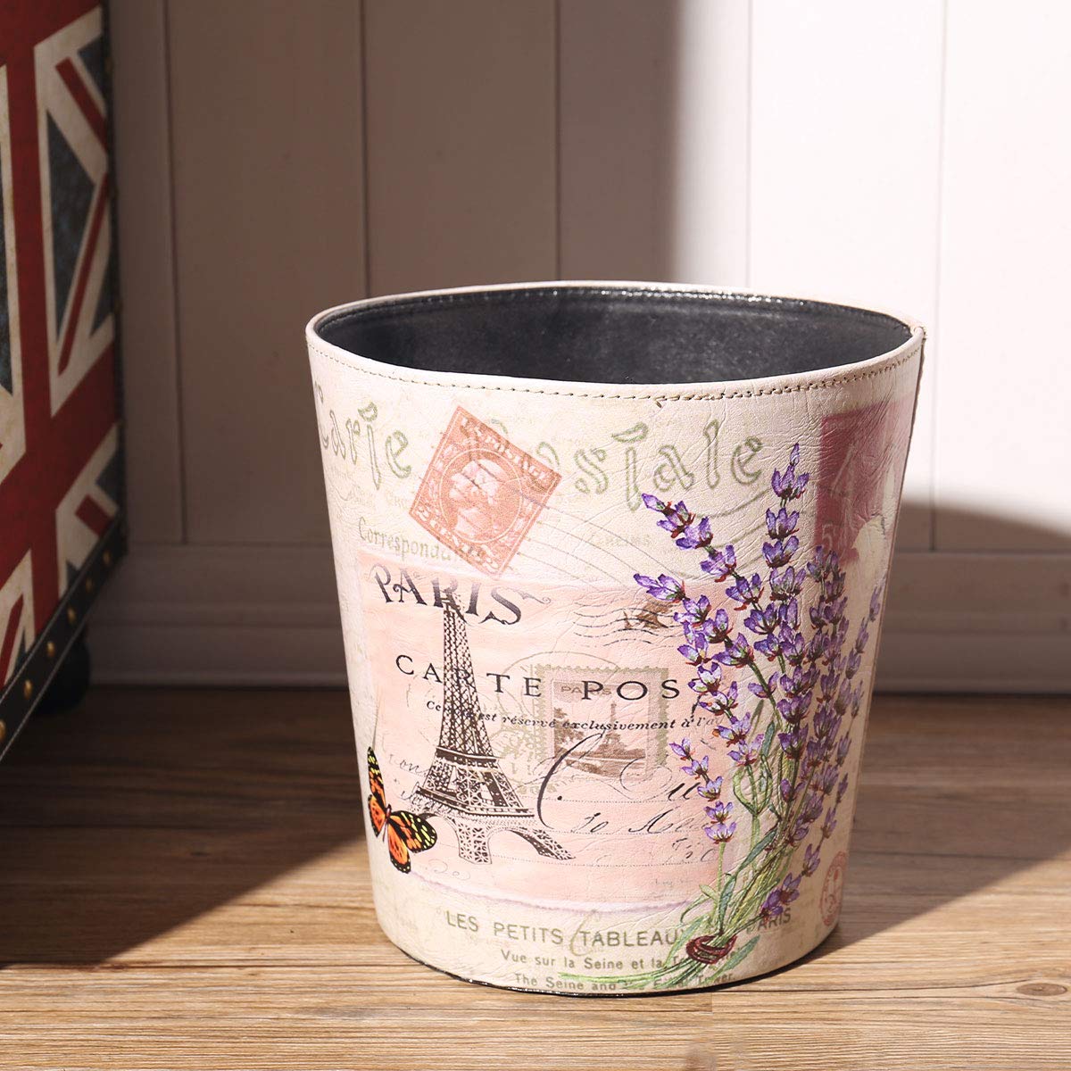 PU Leather Small Trash Can Wastebasket, Round Garbage Container Basket for Bathrooms, Laundry Room