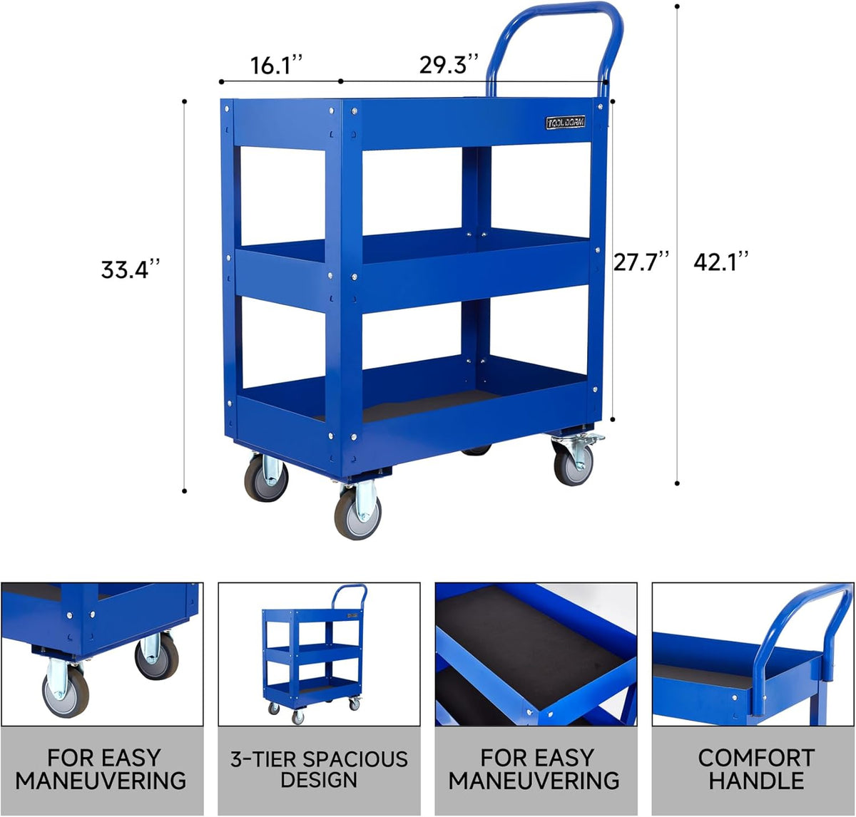 3 Tray 29.3 inch Tool Cart, self Assembly, 300 LBS Capacity Rolling Tool Carts on Wheels, Heavy