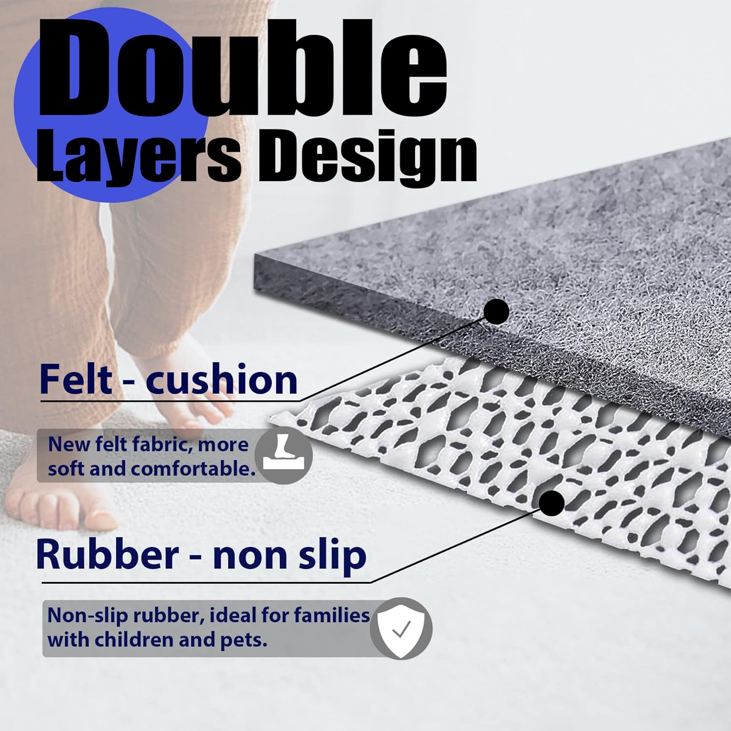 Non Slip Rug Pad Grippers - 5x7, 1/4" Thick, Felt + Rubber Double Layers Area Carpet Mat Tap