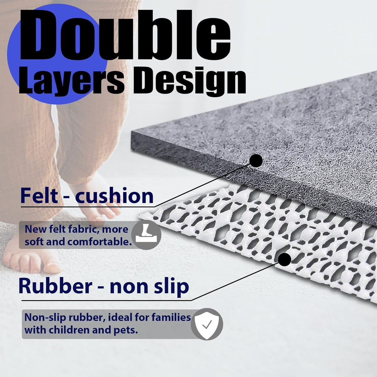 Non Slip Rug Pad Grippers - 2x8, 1/4" Thick, Felt + Rubber Double Layers Area Carpet Mat Tap