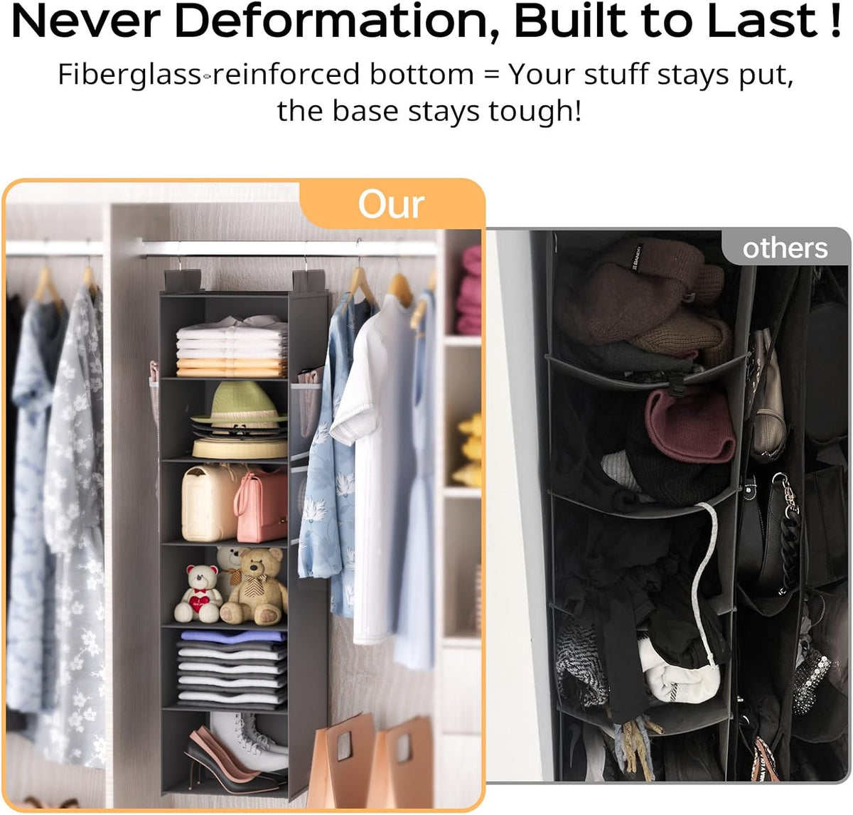 Extra Deep Hanging Closet Organizer with 6 Shelves and Oversized Mesh Pockets, Heavy-Duty