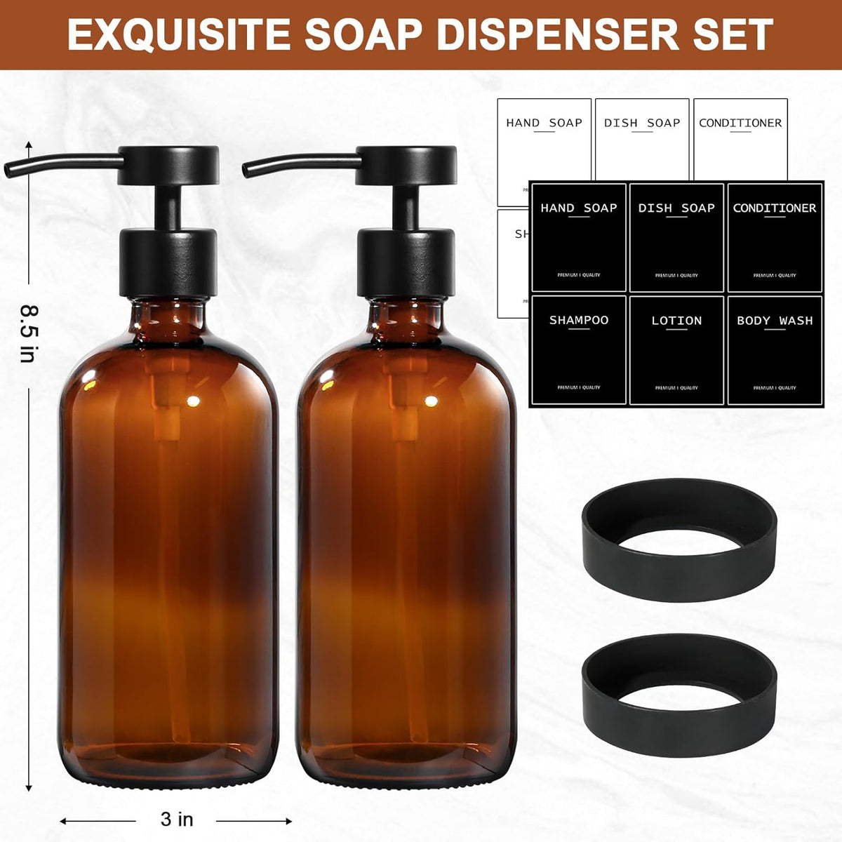 Amber Glass Soap Dispenser 2 Pack, Hand Soap Dispenser Bathroom with Stainless Steel Pump, 16.9 Fl