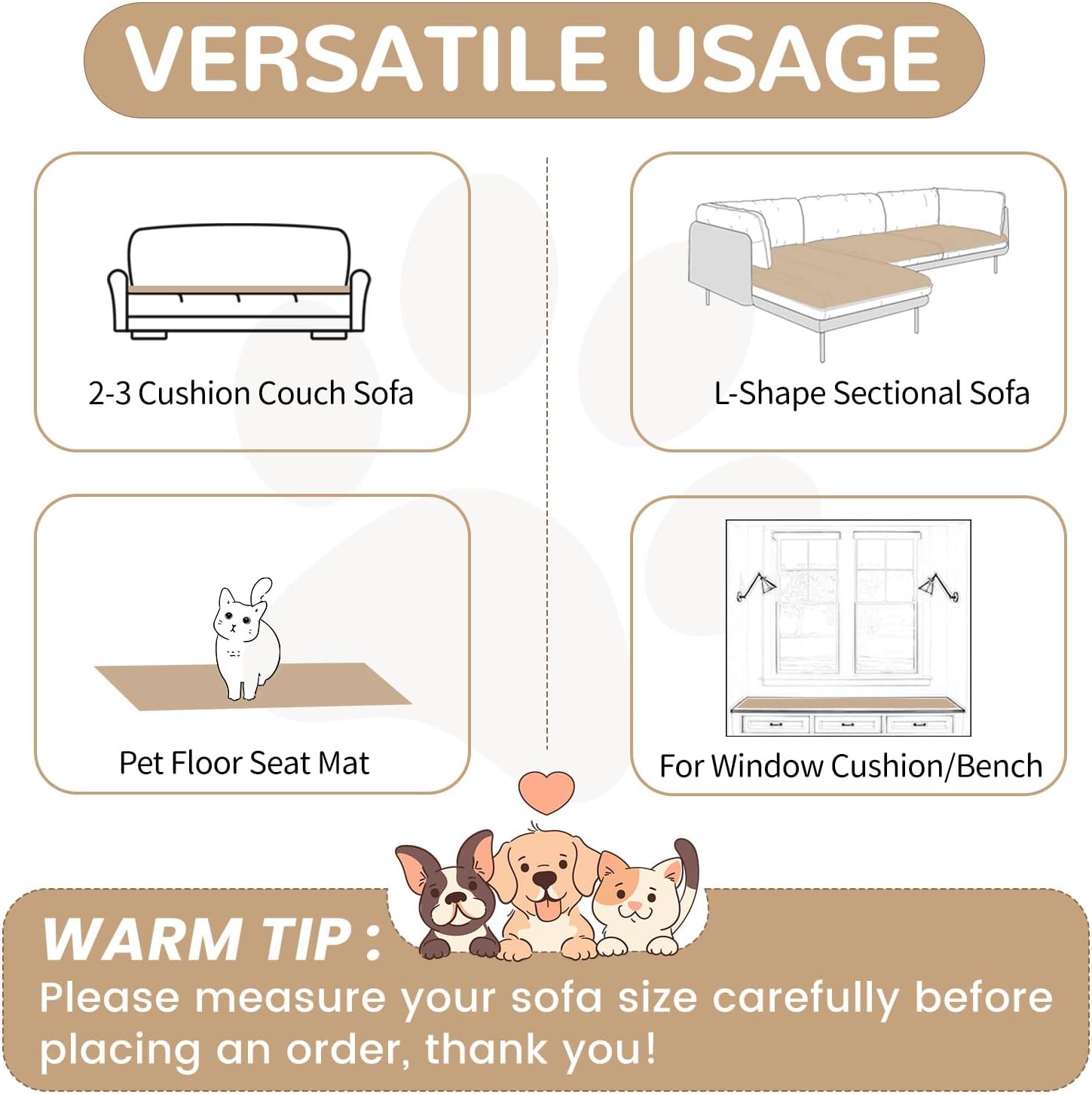 OTOB Dog Couch Covers for 3 Cushion Washable Non Slip Plush Pet Friendly Bed Mat Sofa Cover for