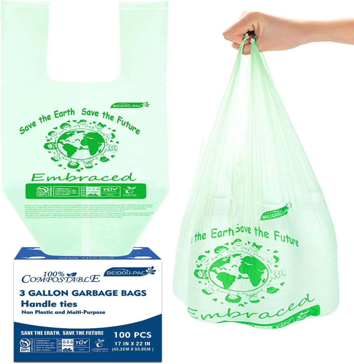 100% Compostable Trash Bags, 3 Gallon Compost Bags Small Kitchen Trash Bags with Handle, 100 Count
