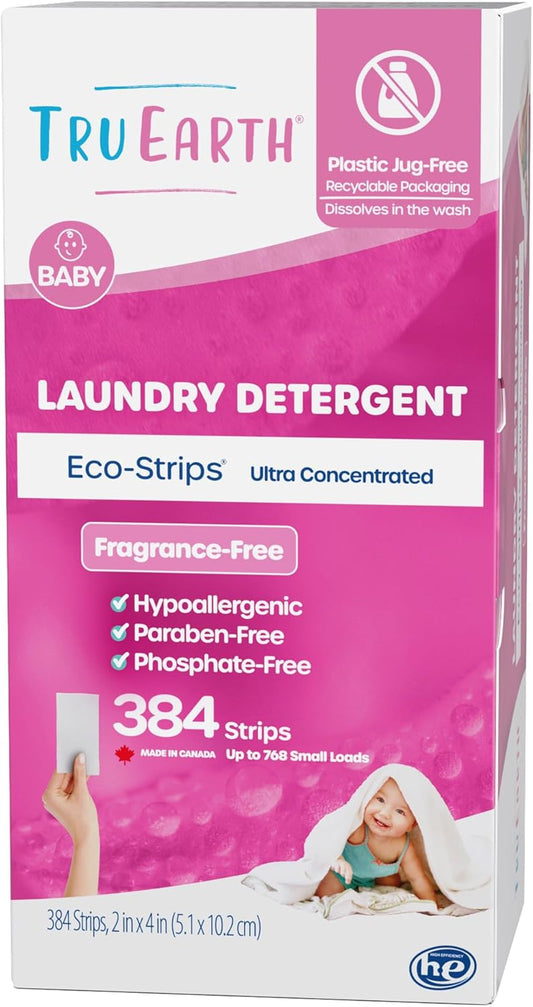 Tru Earth Hypoallergenic Baby Laundry Detergent Sheets/Strips for Sensitive Skin, 384 Count, Up to
