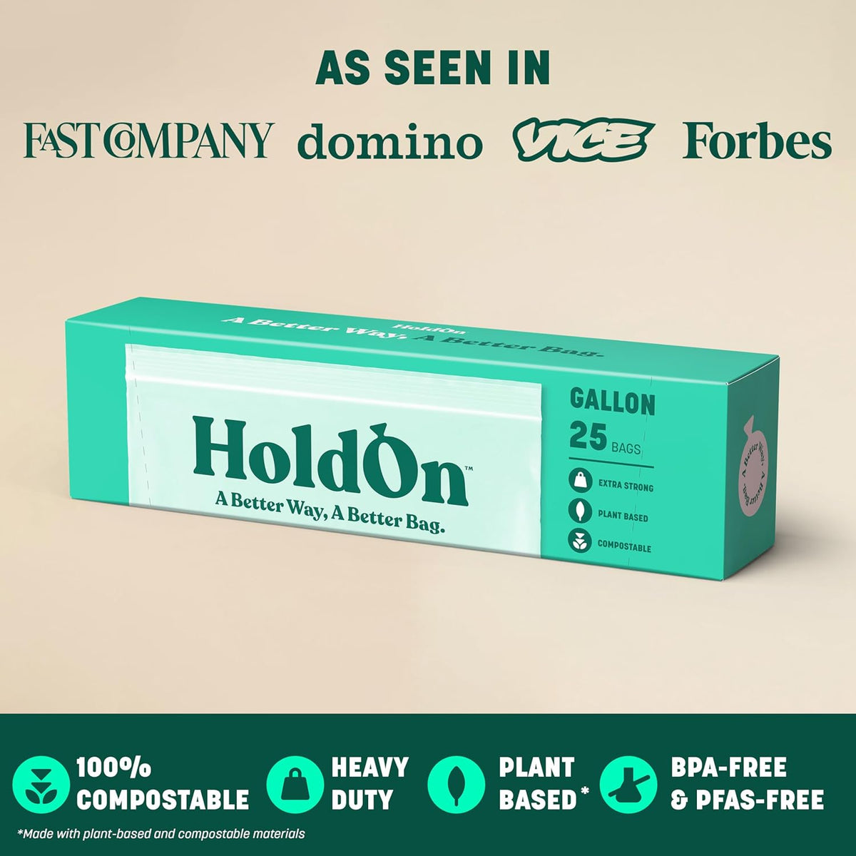 HoldOn Zipseal Gallon Bags - Compostable, PFOA-Free, BPA-Free, Food-Safe Zip Seal Food Storage