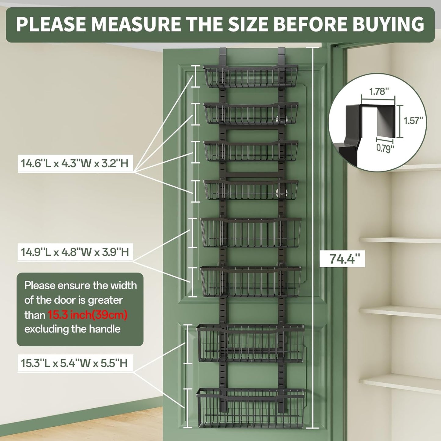 Over The Door Organizer，8-Tier Over The Door Pantry Organizer with Adjustable Baskets，Metal Hanging