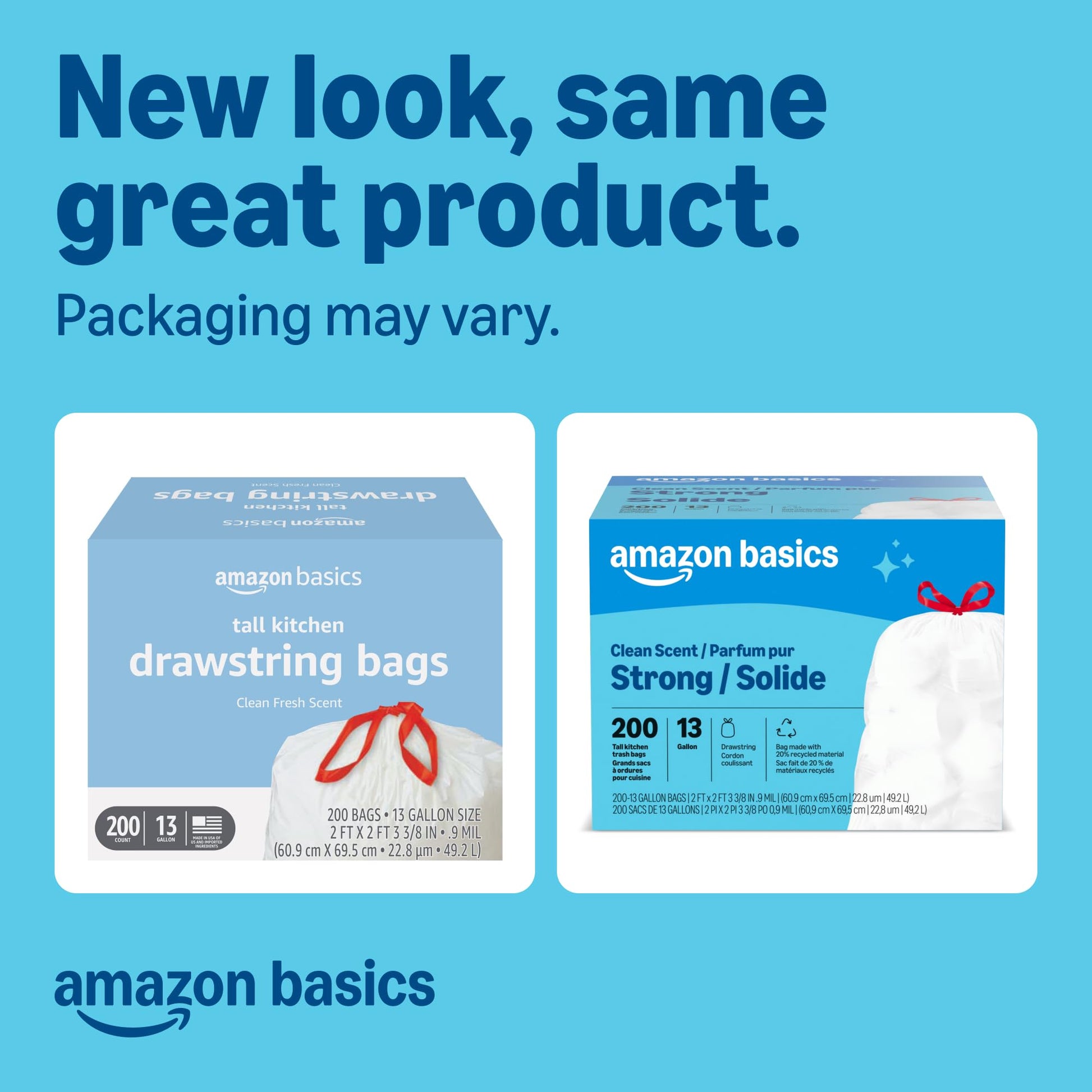Amazon Basics Scented Trash Bags, Tall Kitchen Drawstring, Clean Fresh Scent, 13 Gallon, 200 Count