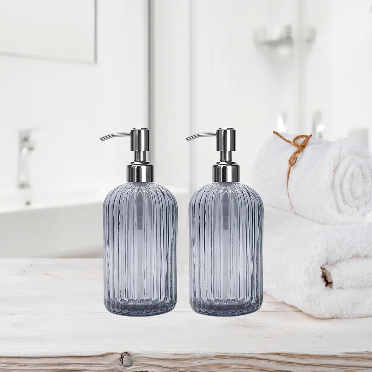 Grey Glass Soap Dispenser 18 oz, 2 Pack Hand Dish Soap Dispensers Bathroom with Stainless Steel