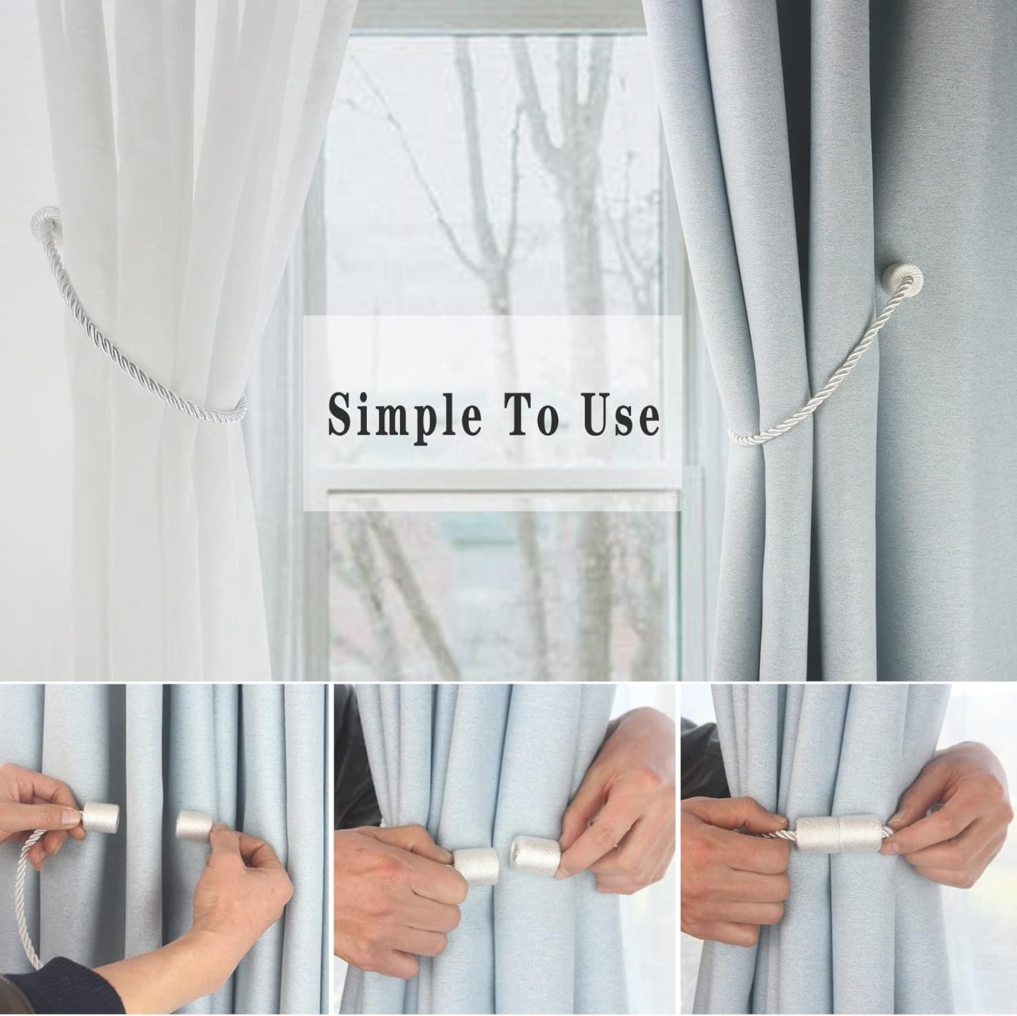 Magnetic Curtain Tiebacks 4 Pack White Curtain Rope Tieback Curtain Holders for Drapes Modern Tie