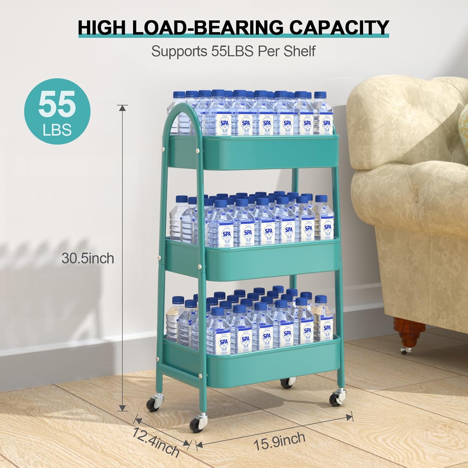 EAGMAK 3 Tier Utility Rolling Cart, Metal Storage Cart with Handle and Lockable Wheels