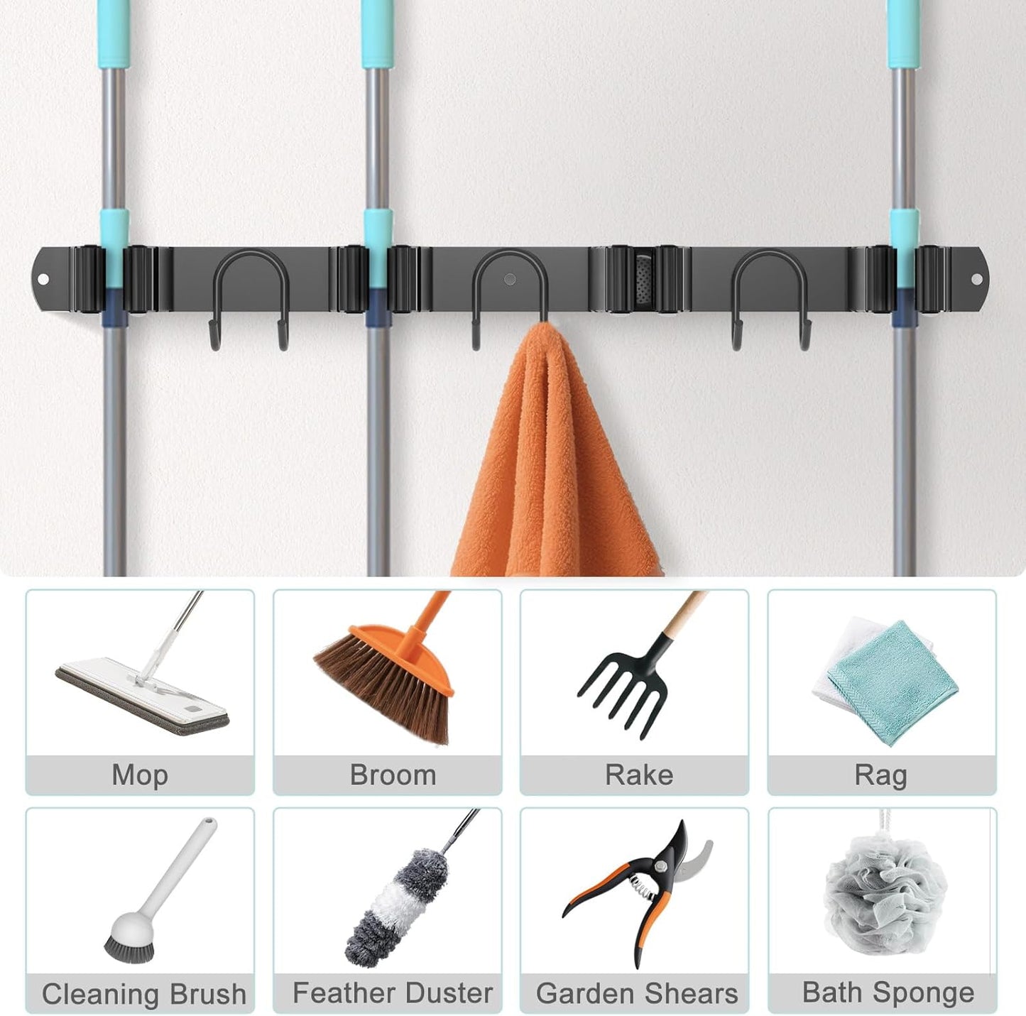 Broom Holder Wall Mount, 2 Packs Black Stainless Steel Tool Storage Organizer for Kitchen Garden
