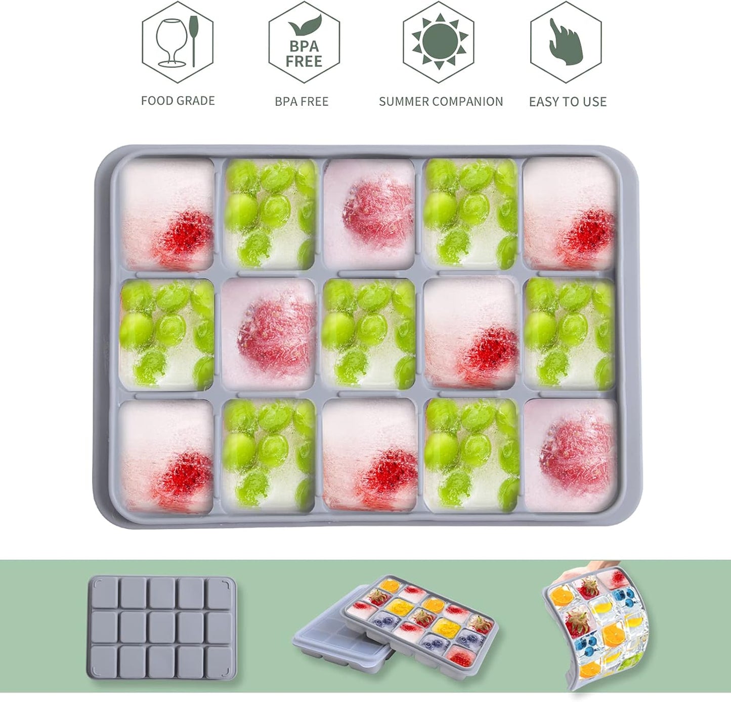 Ice Cube Trays Set of 2, Easy Release 15 Flexible Silicone Ice Cube Molds with Removable Lid