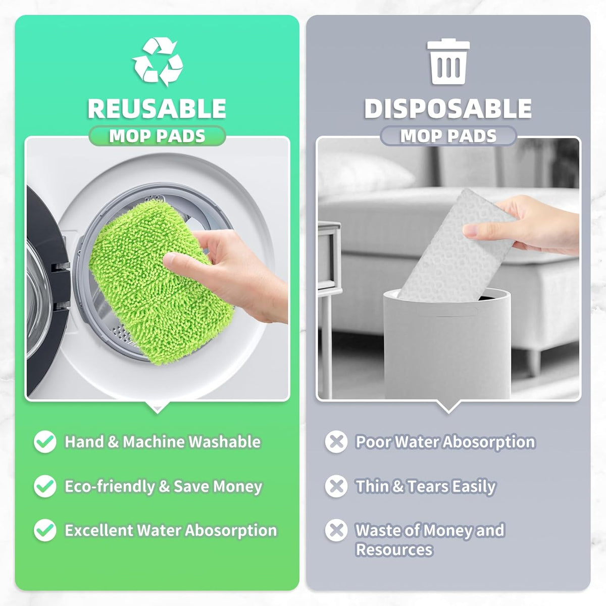 8 Pack Reusable Mop Pads Compatible with Swiffer Sweeper, Microfiber Chenille Washable Swiffer Mop