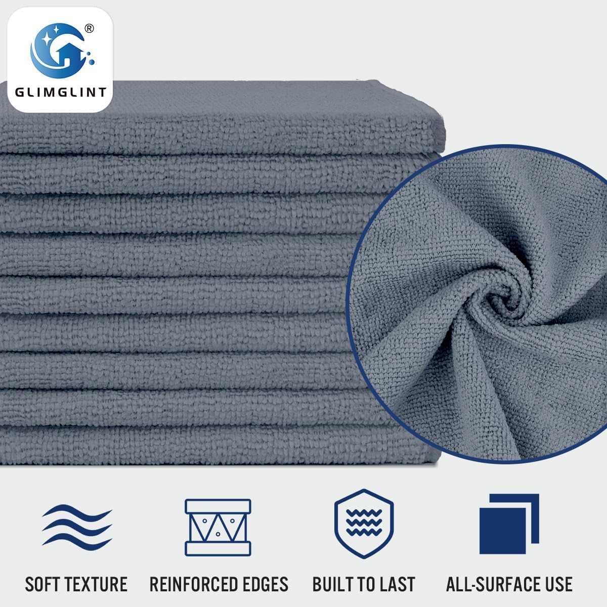 GLIMGLINT Grey Microfiber Cleaning Cloth, 12 Pack Cleaning Towels for Kitchen, Lint Free