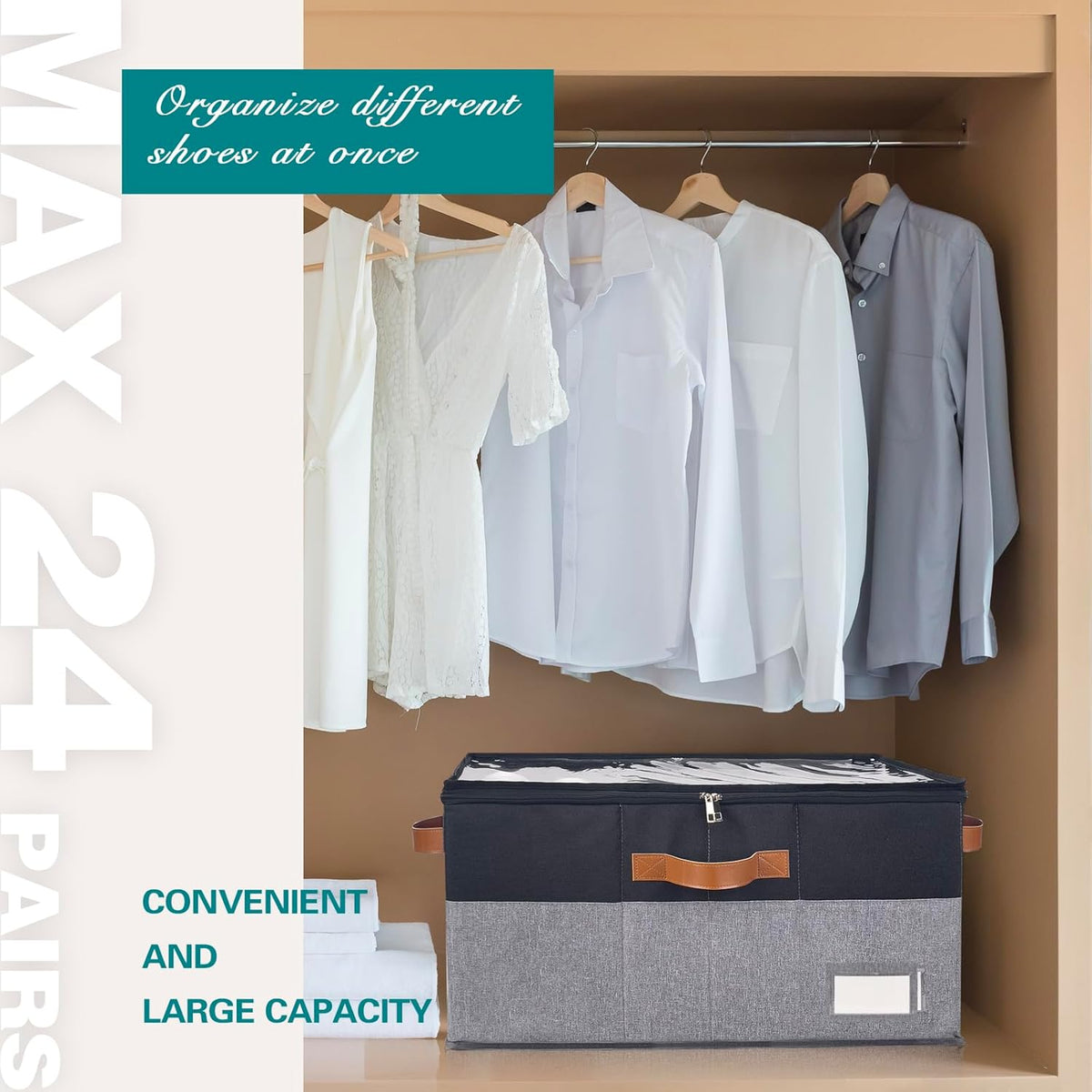 Shoe Organizer for Closet, Foldable Shoe Storage Bins with Clear Cover, Space Saving Shoes Holder