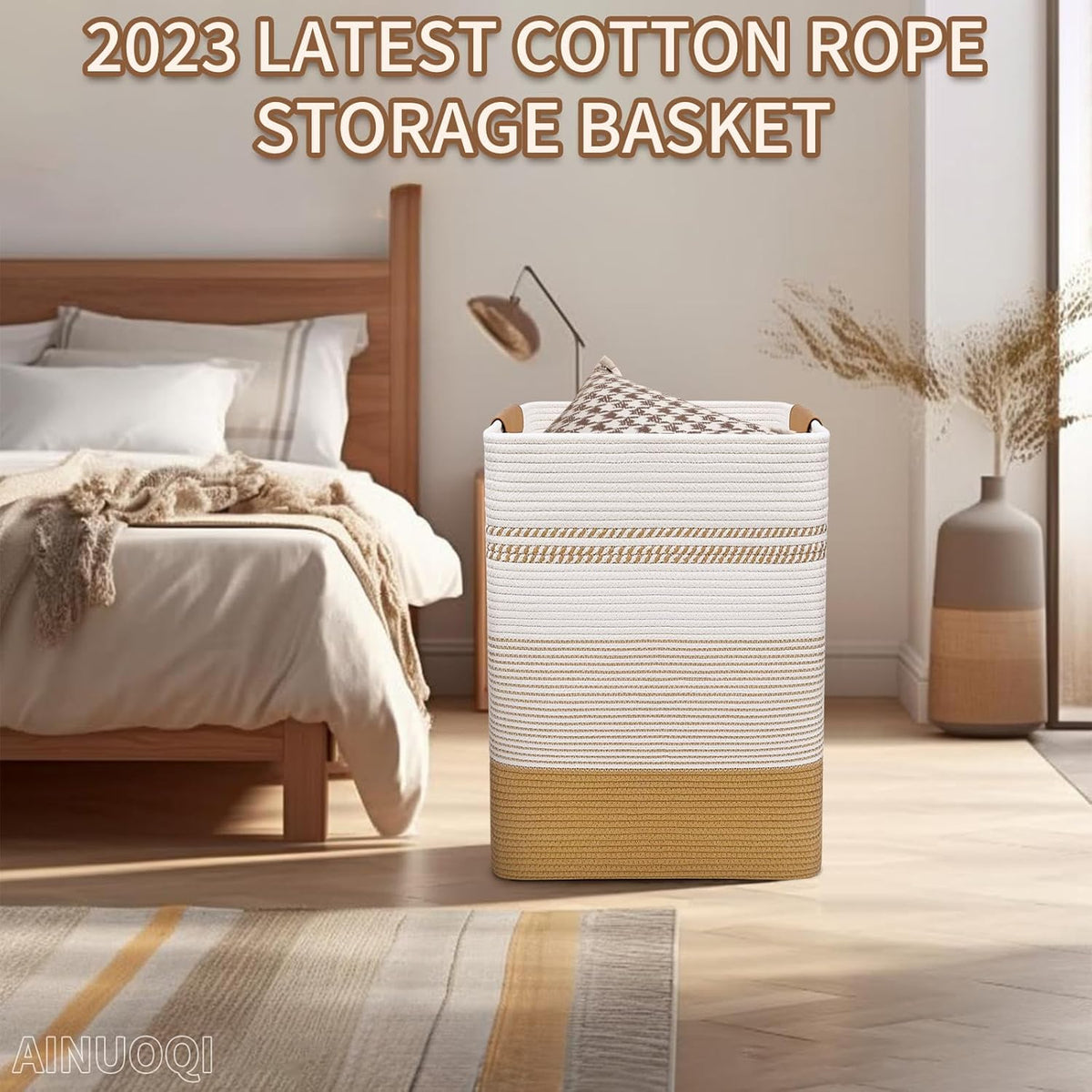 Laundry Hamper Large Laundry Basket with Leather Handles, Decorative Storage Cotton Rope Woven