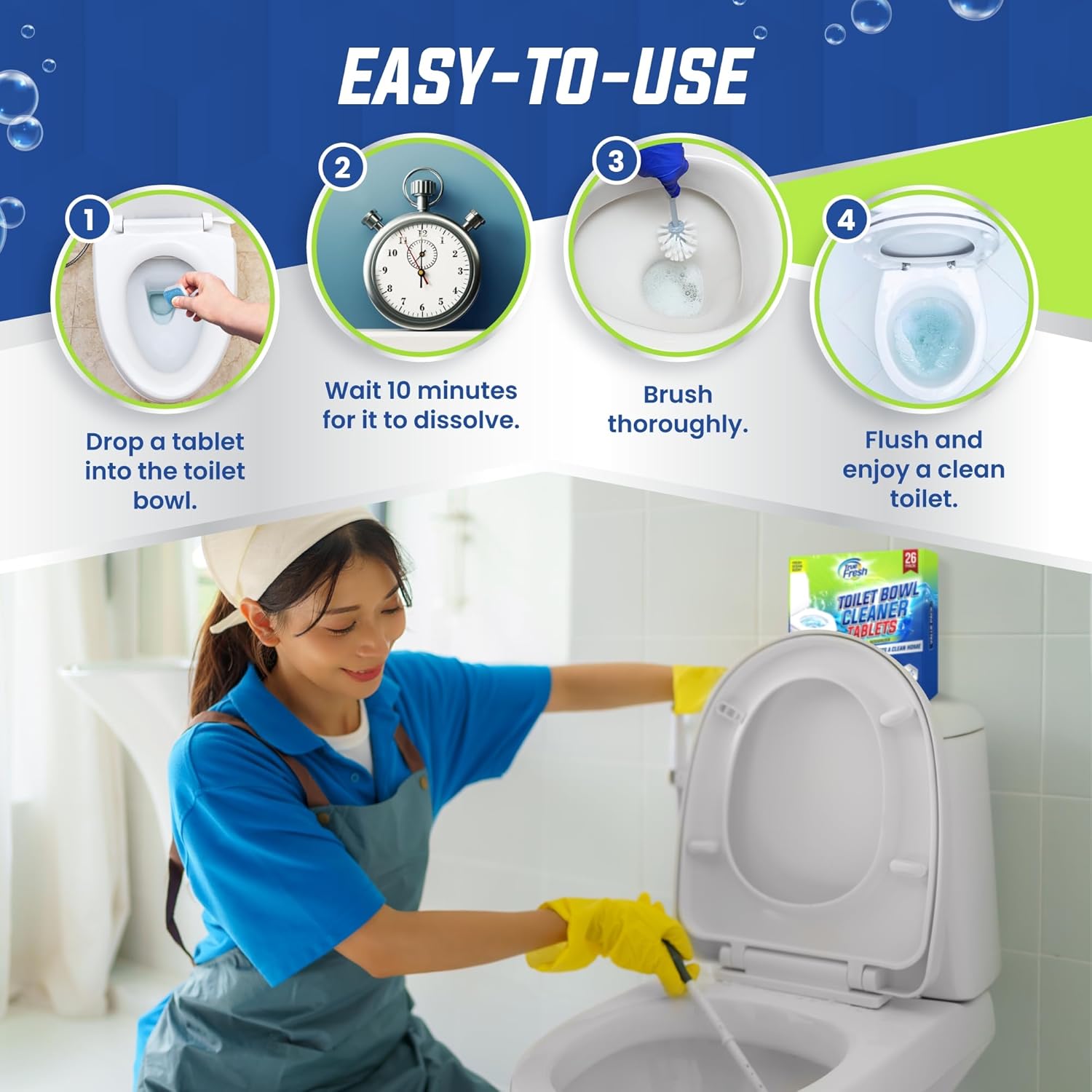 True Fresh Toilet Bowl Cleaner Tablets 26 Pack – Deodorizer & Septic Safe – Deep Cleaning, Odor