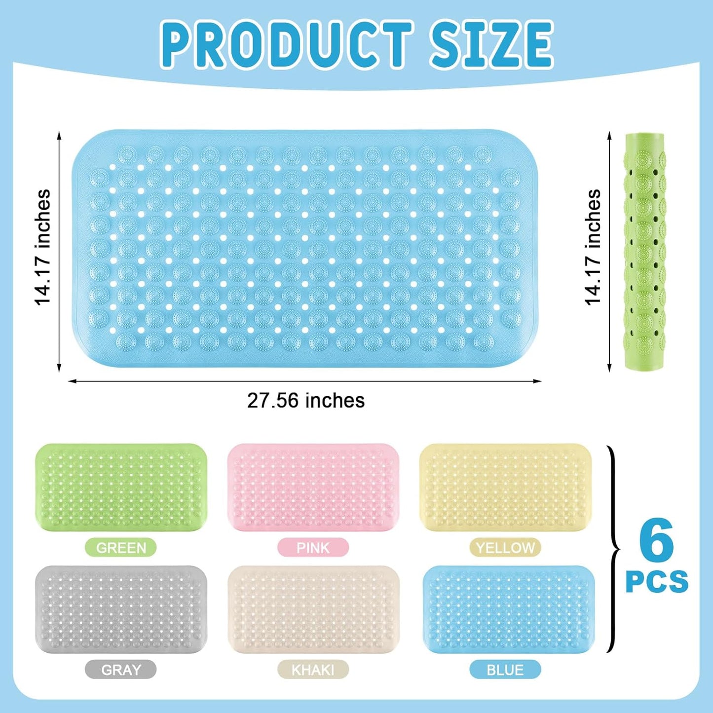 Dunzy 6 Pcs Non Slip Bath Mats 27.6x14.2 Inches TPE Bathtub Mats with Suction Cups Drain Holes