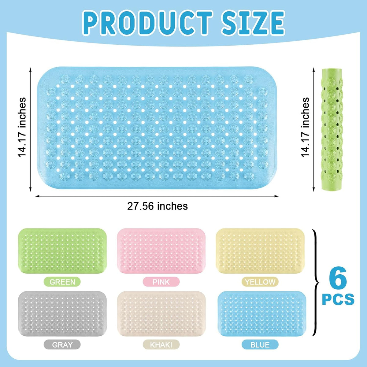 Dunzy 6 Pcs Non Slip Bath Mats 27.6x14.2 Inches TPE Bathtub Mats with Suction Cups Drain Holes