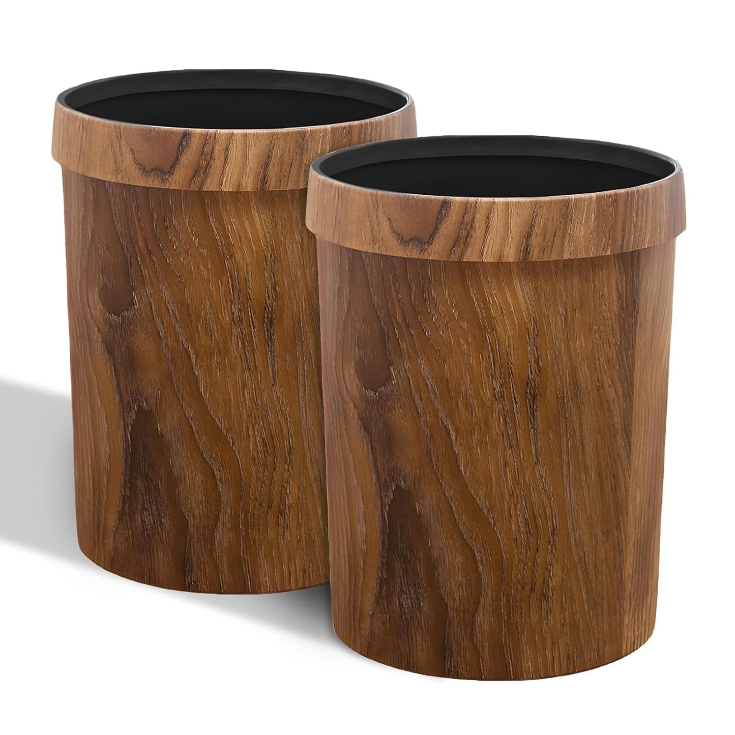 Wood Grain Plastic Trash Can Bedroom, Round 2-Pack, 3.4 Gal Farmhouse Wastebasket Bin Retro Style