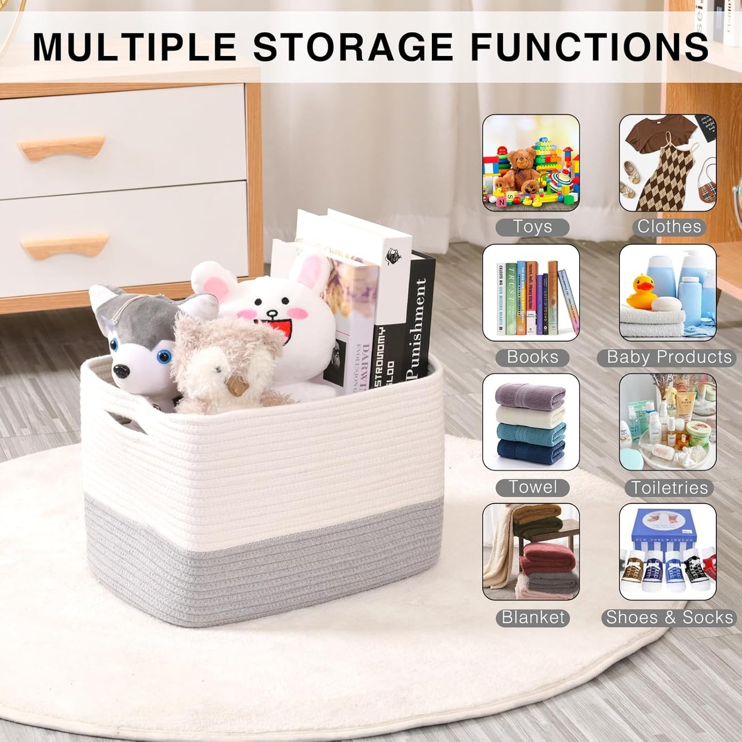 Storage Baskets for Organizing Shelves, Woven Cotton Rope Bins for Baby Nursery Organization, Book