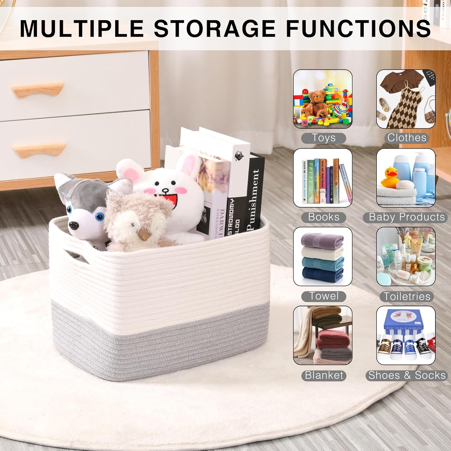 Storage Baskets for Organizing Shelves, Woven Cotton Rope Bins for Baby Nursery Organization, Book