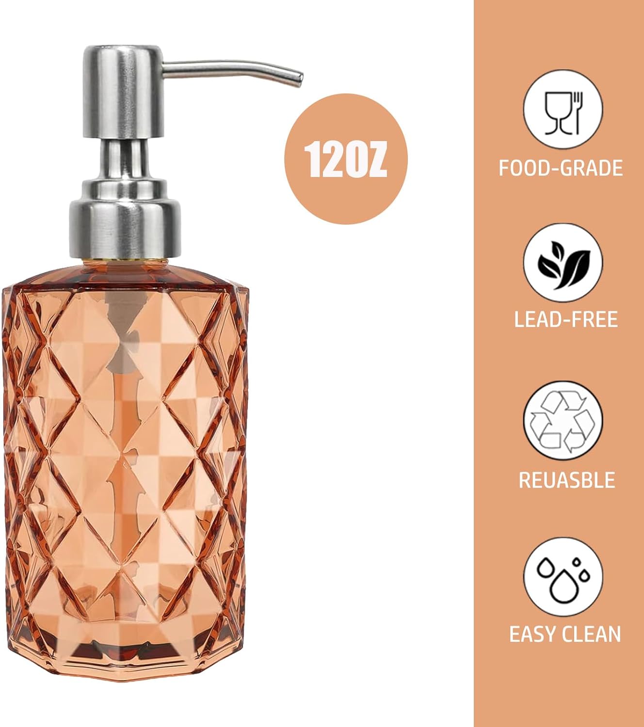 12Oz Amber Glass Soap Dispenser with Stainless Steel Pump, Refillable Kitchen Liquid Hand Soap