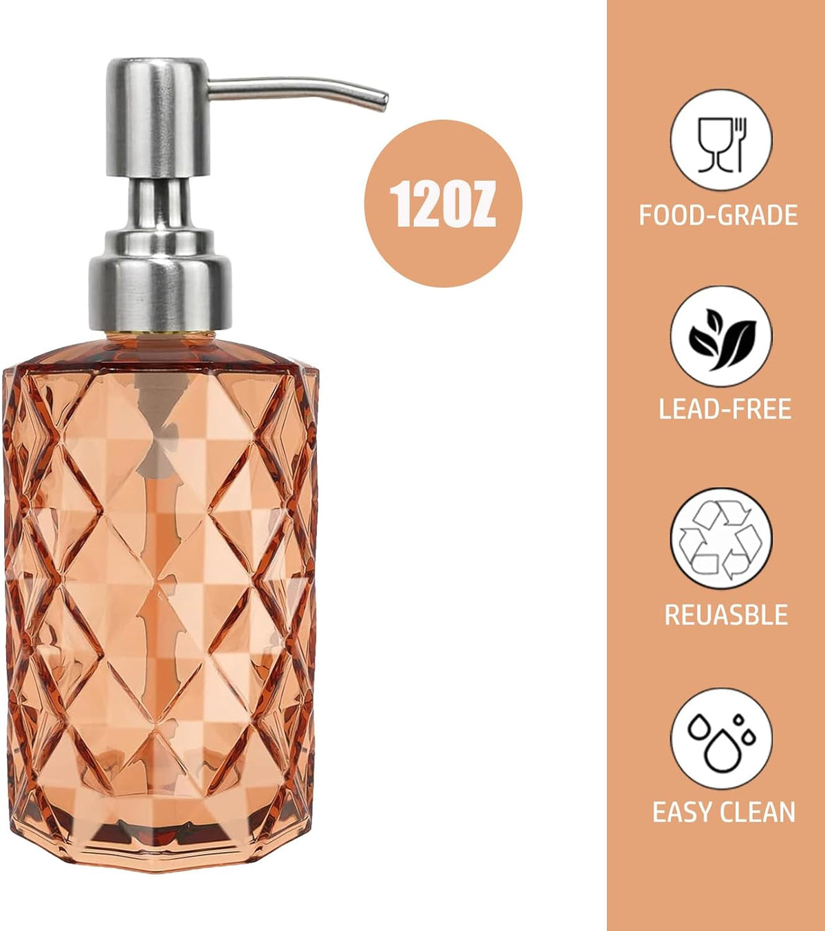 12Oz Amber Glass Soap Dispenser with Stainless Steel Pump, Refillable Kitchen Liquid Hand Soap